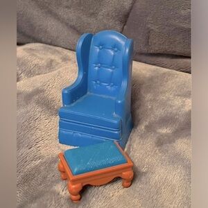 Vintage Fisher Price 1:12 Dollhouse Blue Wingback Chair & Ottoman Made in USA